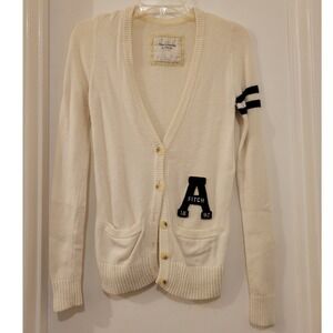 Abercrombie‎ Fitch Cream Knit Varsity Letterman Cardigan Sweater Academic Preppy
